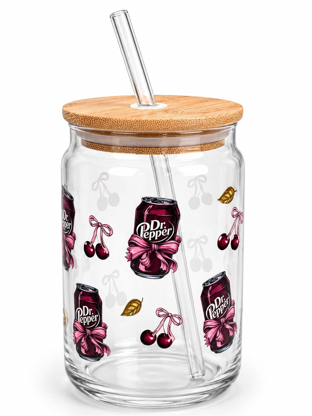 Dr Pepper Cherry Glass Canister with Bamboo Lid - Clear & Pink